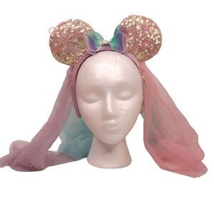 Rare Fairy Butterfly Sequin Minnie Mouse Ears with Pastel Bow and Tulle Veil